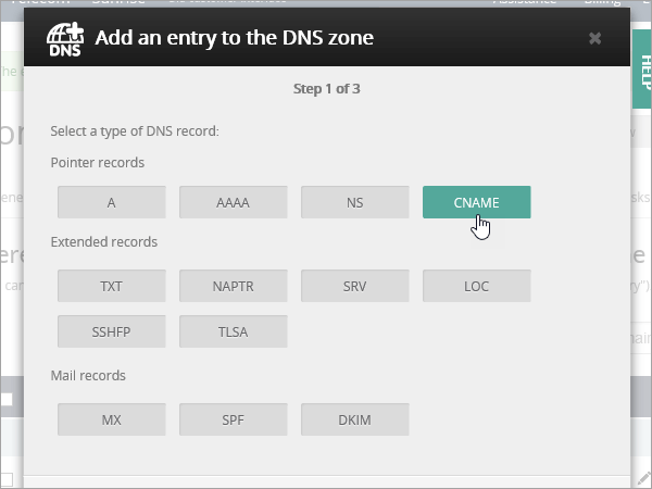 OVH Adicionar tipo de registro CNAME.