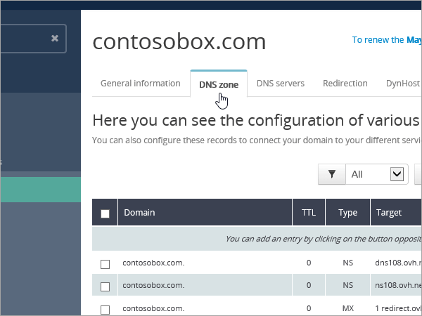 OVH Selecione zona DNS.