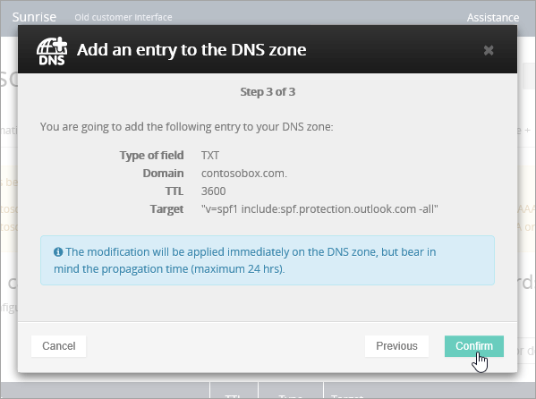 OVH Adicionar registro TXT para SPF e Confirmar.