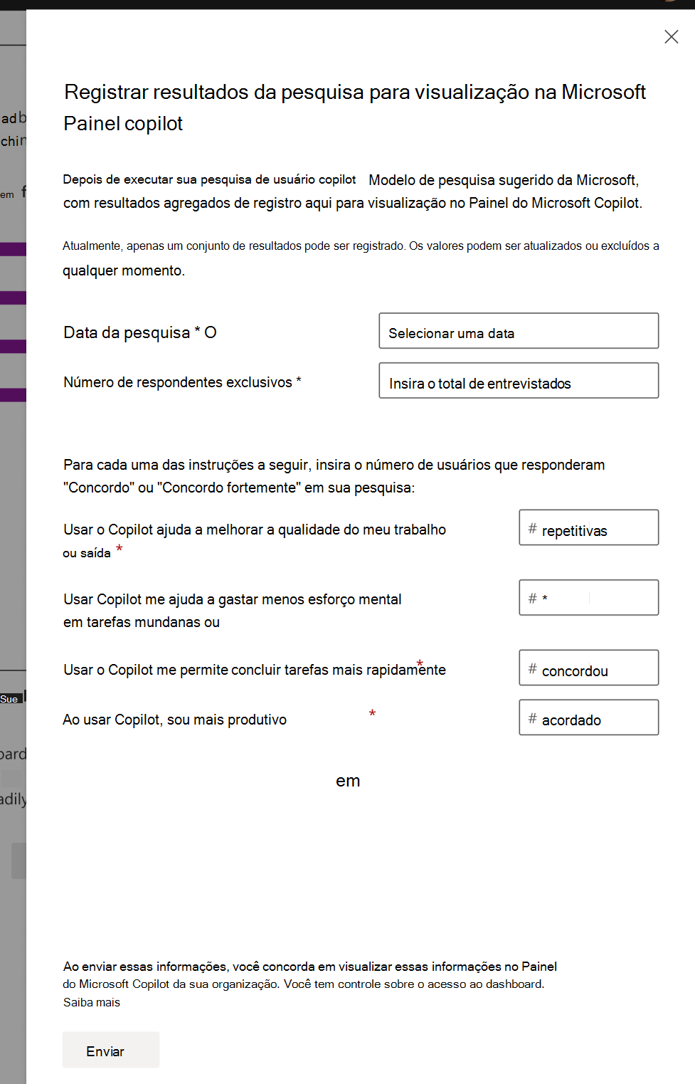 Captura de tela mostrando o painel pop-up dos resultados da pesquisa de sentimento do Copilot