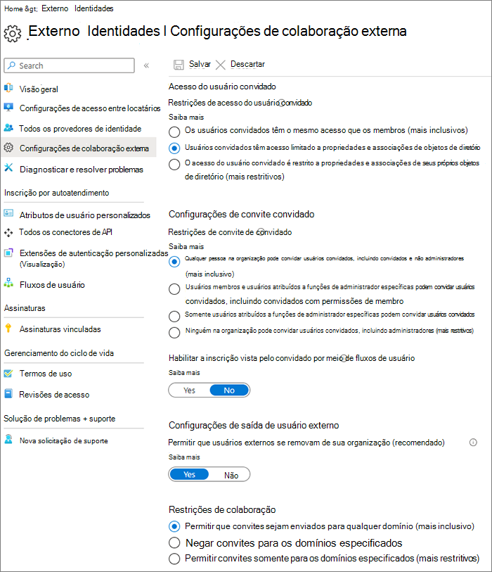 Captura de ecrã da página Definições de colaboração externa do Microsoft Entra.