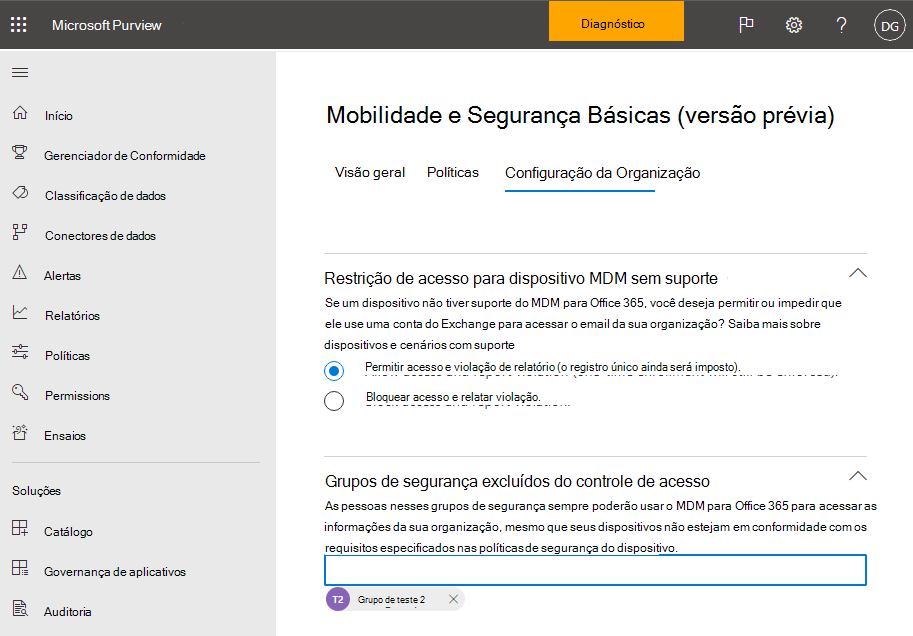 Opção De Mobilidade e Segurança Básicas permite o acesso.