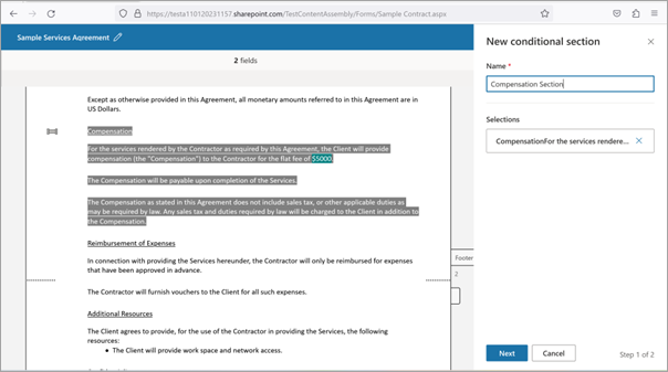 Captura de tela do painel da seção Nova condição e do documento de modelo.