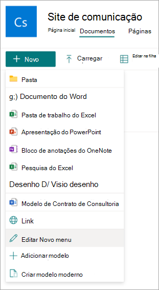 Captura de tela da biblioteca de documentos com a opção Editar Novo menu realçada.