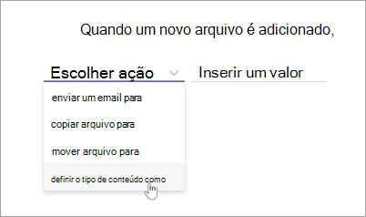 Captura de ecrã da página da instrução de regra a mostrar a opção escolher ação realçada.