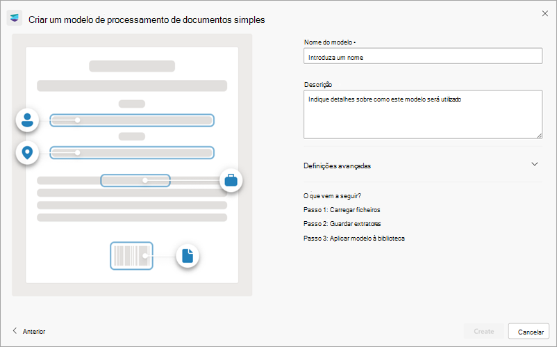 Captura de ecrã do painel direito da página Criar um modelo de processamento de documentos simples.