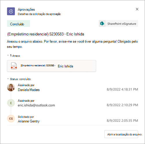 Captura de ecrã a mostrar os detalhes da esignature e o botão Abrir localização do ficheiro para selecionar um ficheiro.