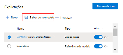 Captura de tela da seção Explicações mostrando a opção Salvar como modelo.