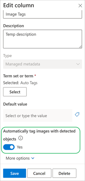 Captura de tela mostrando o painel Configurações de coluna para a coluna Marcas de Imagem.