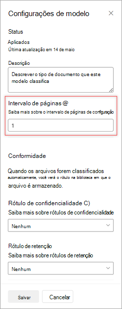 Captura de ecrã do painel Definições do modelo a mostrar a opção Intervalo de páginas.