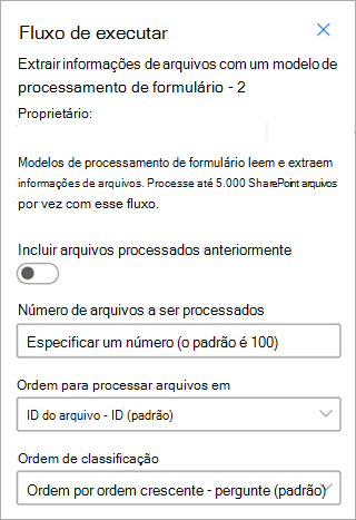 Captura de ecrã a mostrar o painel Executar fluxo com as opções de parâmetros realçadas.