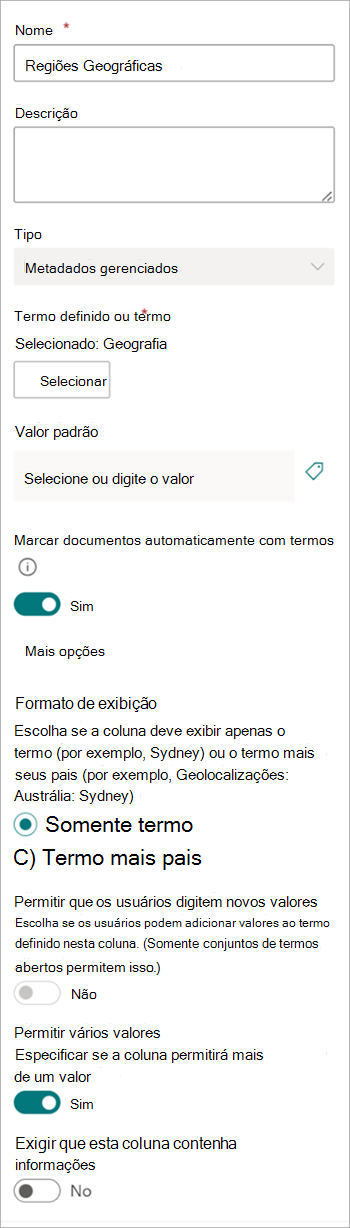 Captura de tela mostrando o painel Configurações de coluna para a coluna taxonomia.