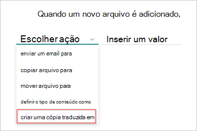 Captura de ecrã a mostrar a página da instrução de regra com a opção de tradução realçada.