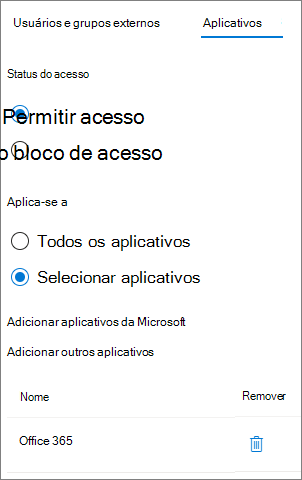 Captura de ecrã de uma aplicação permitida nas definições de acesso entre inquilinos de entrada para uma organização externa.