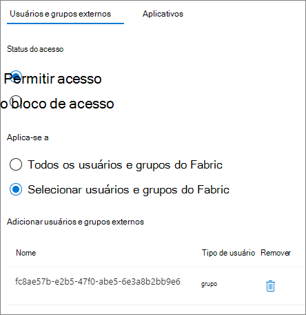 Captura de ecrã de um grupo permitido nas definições de acesso entre inquilinos de entrada para uma organização externa.