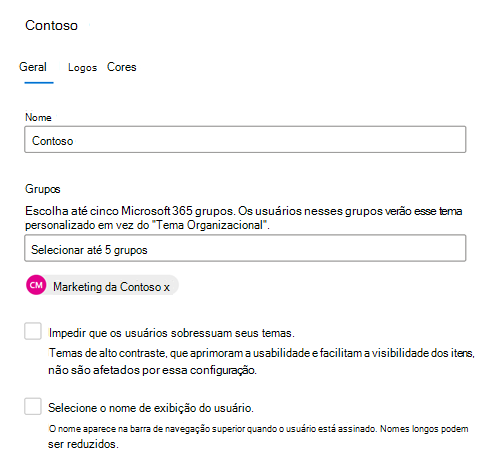 Captura de ecrã: separador Geral a mostrar o tema predefinido para um grupo de utilizadores na sua organização