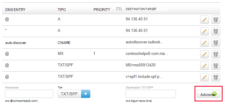 Captura de tela de onde você seleciona Adicionar para adicionar um registro TXT de verificação de domínio.