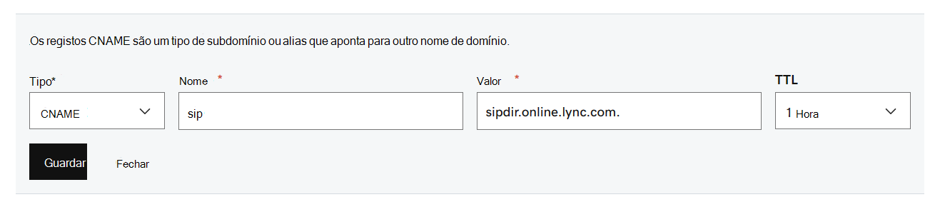 Preencha os valores da tabela para os registros CNAME do Microsoft Teams.