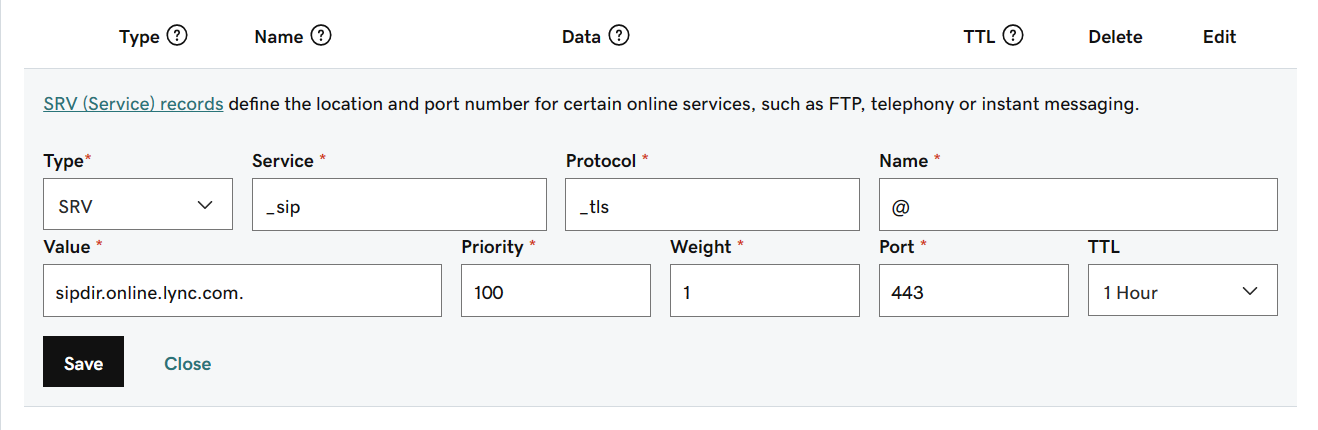 Preencha os valores da tabela para os registros SRV.