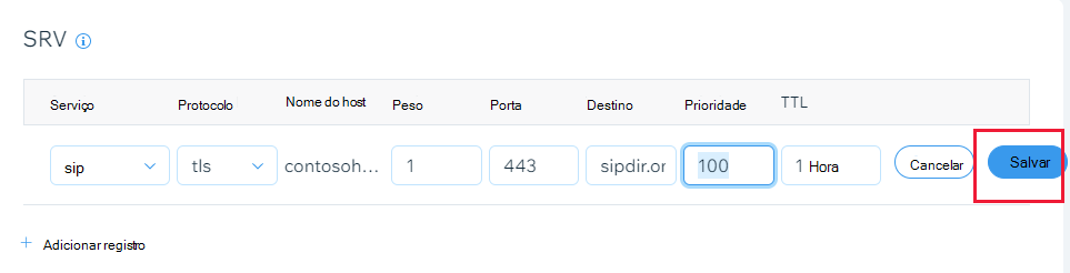 Captura de ecrã a mostrar onde seleciona Guardar para adicionar um registo SRV.