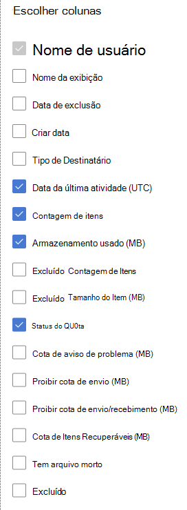 Relatório de uso da caixa de correio – escolha colunas.