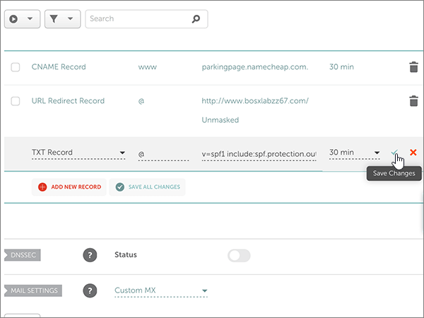 Captura de tela do controle Salvar Alterações para o registro TXT do SPF.