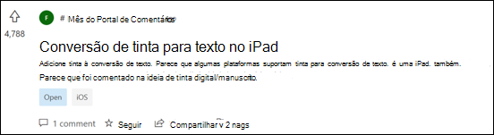 Captura de ecrã: Exemplo de cartão de feedback na conversão de tinta digital em texto num iPad