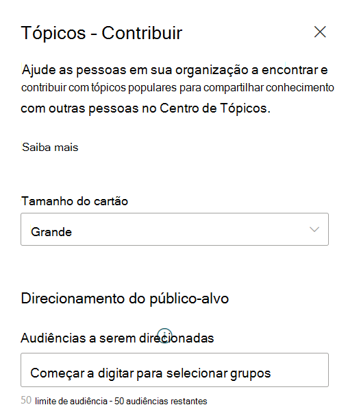 Captura de ecrã do painel de edição do cartão Tópicos Contribuir.