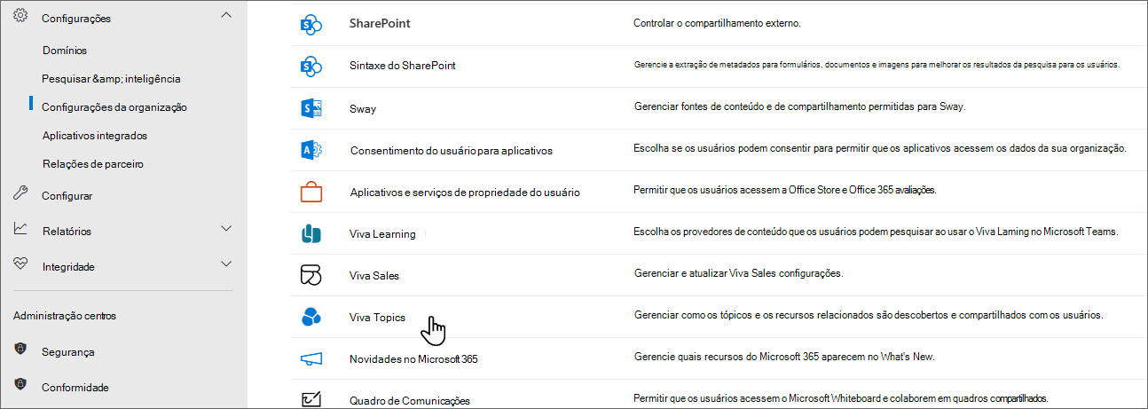 Captura de ecrã do separador Serviços com Tópicos selecionados.