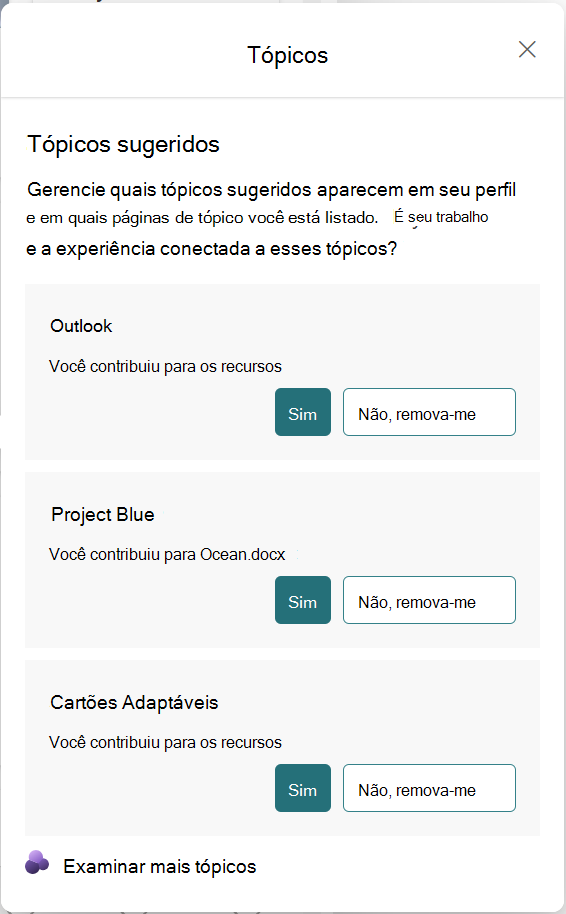 Captura de ecrã a mostrar a vista rápida do cartão Contribuição de Tópicos.