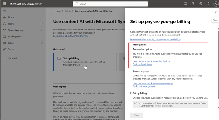 Captura de ecrã do painel Configurar faturação pay as you go no Centro de administração do Microsoft 365.