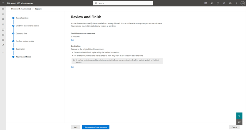 Captura de ecrã a mostrar a página Rever e concluir do OneDrive.