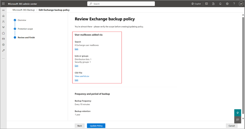 Captura de ecrã a mostrar a página Rever política de cópia de segurança do Exchange.