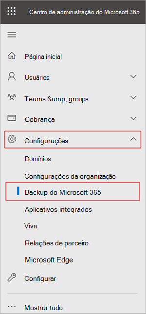 Captura de ecrã do painel Centro de administração do Microsoft 365 a mostrar Definições e Backup do Microsoft 365.