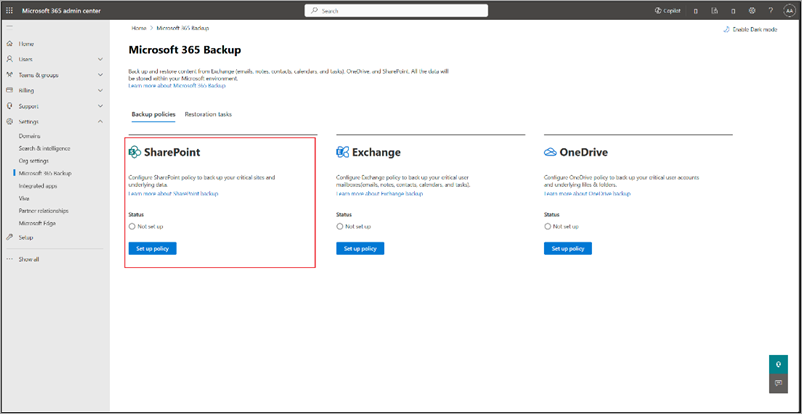 Captura de ecrã da página Backup do Microsoft 365 com o SharePoint realçado.