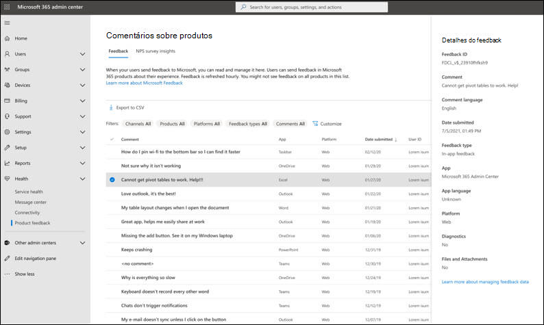 Comentários sobre produtos no Centro de administração do Microsoft 365