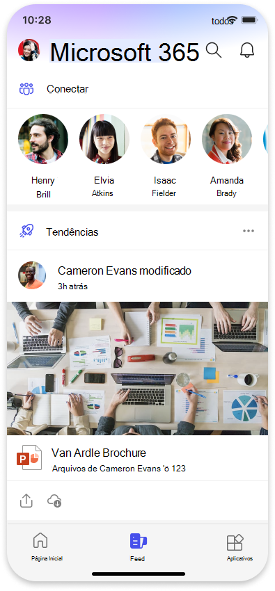 Captura de ecrã a mostrar Feed da Microsoft no Microsoft 365 Mobile.
