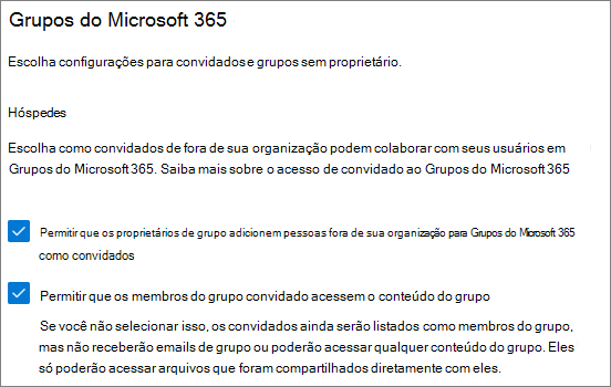 Captura de ecrã a mostrar Grupos do Microsoft 365 definições de convidado no Centro de administração do Microsoft 365.