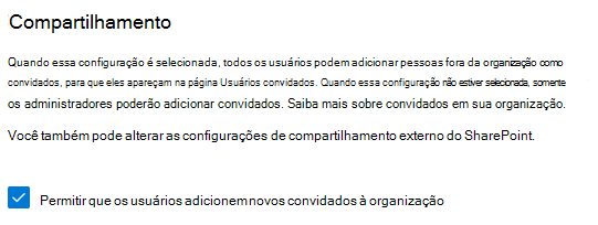 Captura de ecrã a mostrar a definição de partilha de convidados de segurança e privacidade no centro de administração do Microsoft 365.