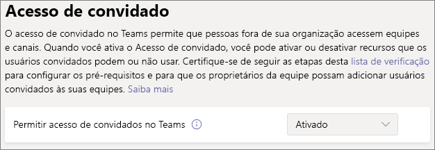 Captura de ecrã do botão de alternar acesso de convidado do Teams.