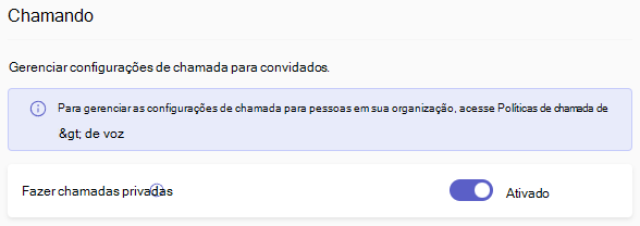 Captura de tela das opções de chamadas de convidado do Teams.