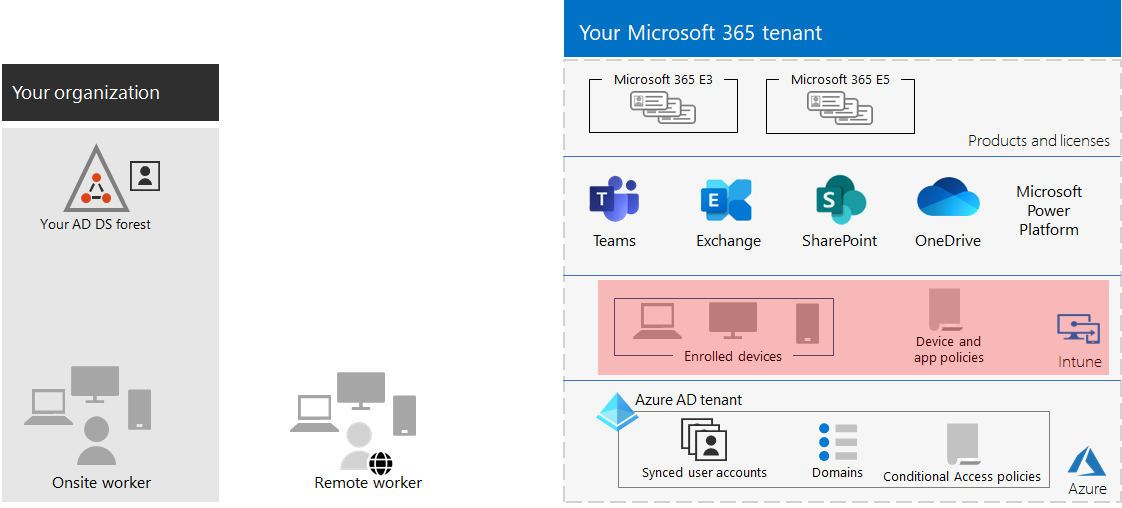 Exemplo de um locatário com o gerenciamento de dispositivos e aplicativos do Intune.