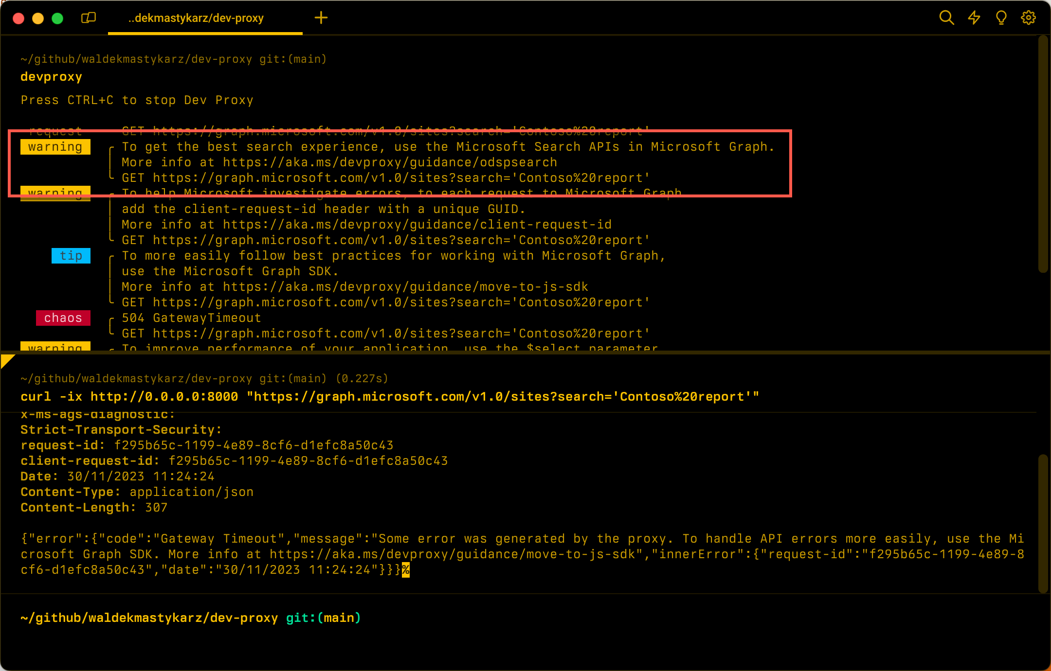 Captura de tela do aviso de Proxy de Desenvolvimento do uso das APIs de pesquisa do OneDrive e do SharePoint.