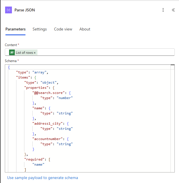 Captura de tela do esquema JSON nas propriedades da ação Analisar JSON.