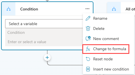 Captura de tela mostrando como alternar para o Power Fx editor de condições.