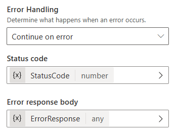 Captura de tela do tratamento de erros configurado para continuar em caso de erro com variáveis ​​especificadas para código de status e corpo de resposta de erro.