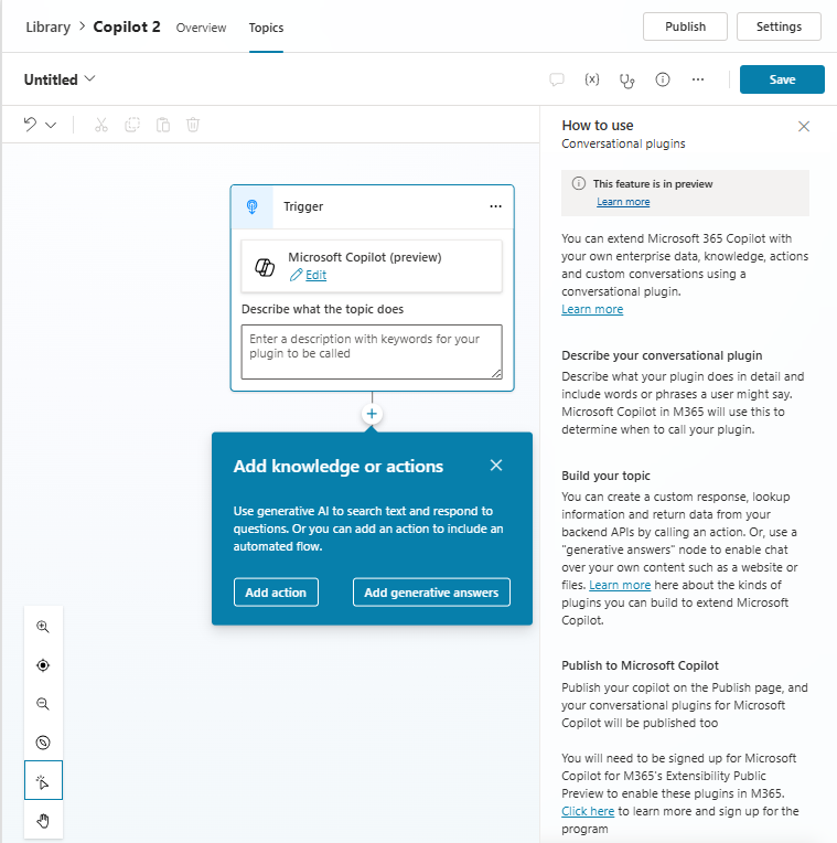 Captura de tela que mostra a ação de configuração da conversa no editor de tópico