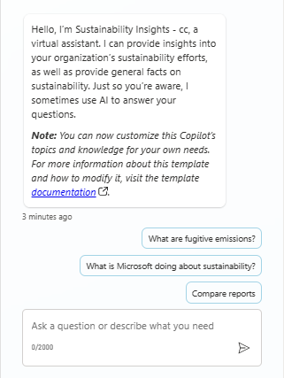 Primeira de duas capturas de tela mostrando um teste perguntando ao agente sobre emissões fugitivas em um Sustainability Insights agente.