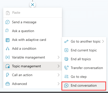 Captura de tela de um novo menu de nó com Gerenciamento de tópicos e Encerrar a conversa realçados.