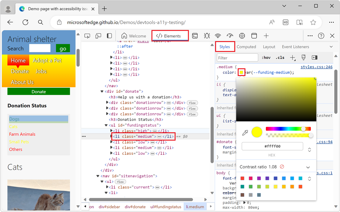 O seletor de cores, aberto no separador Estilos, junto à propriedade color do elemento